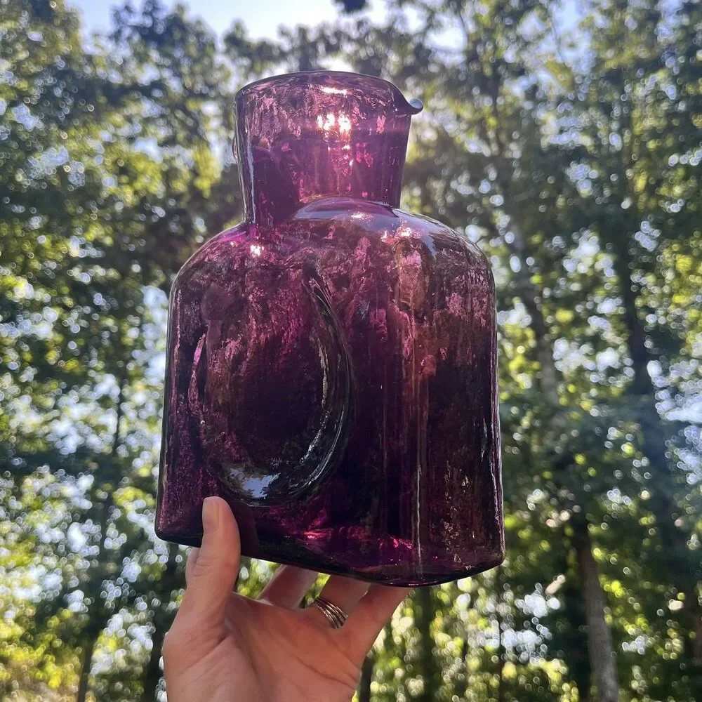 Blenko #384 Amethyst Double Spout Water Bottle Hand Blown MCM Glass 2001 Signed